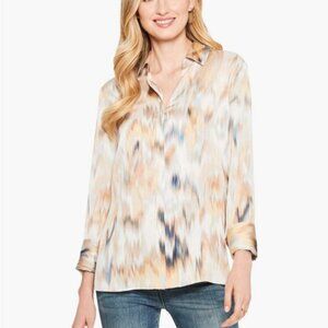 NIC+ZOE Woven Ikat Button Front Blouse XL Beige Tan Office Casual F211644